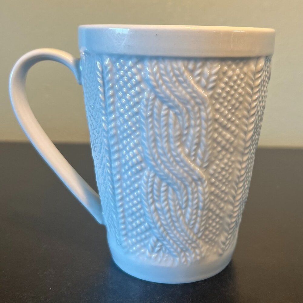 Cordon Bleu BIA Embossed White Cable Knit Sweater Pattern Textured Ceramic Mug